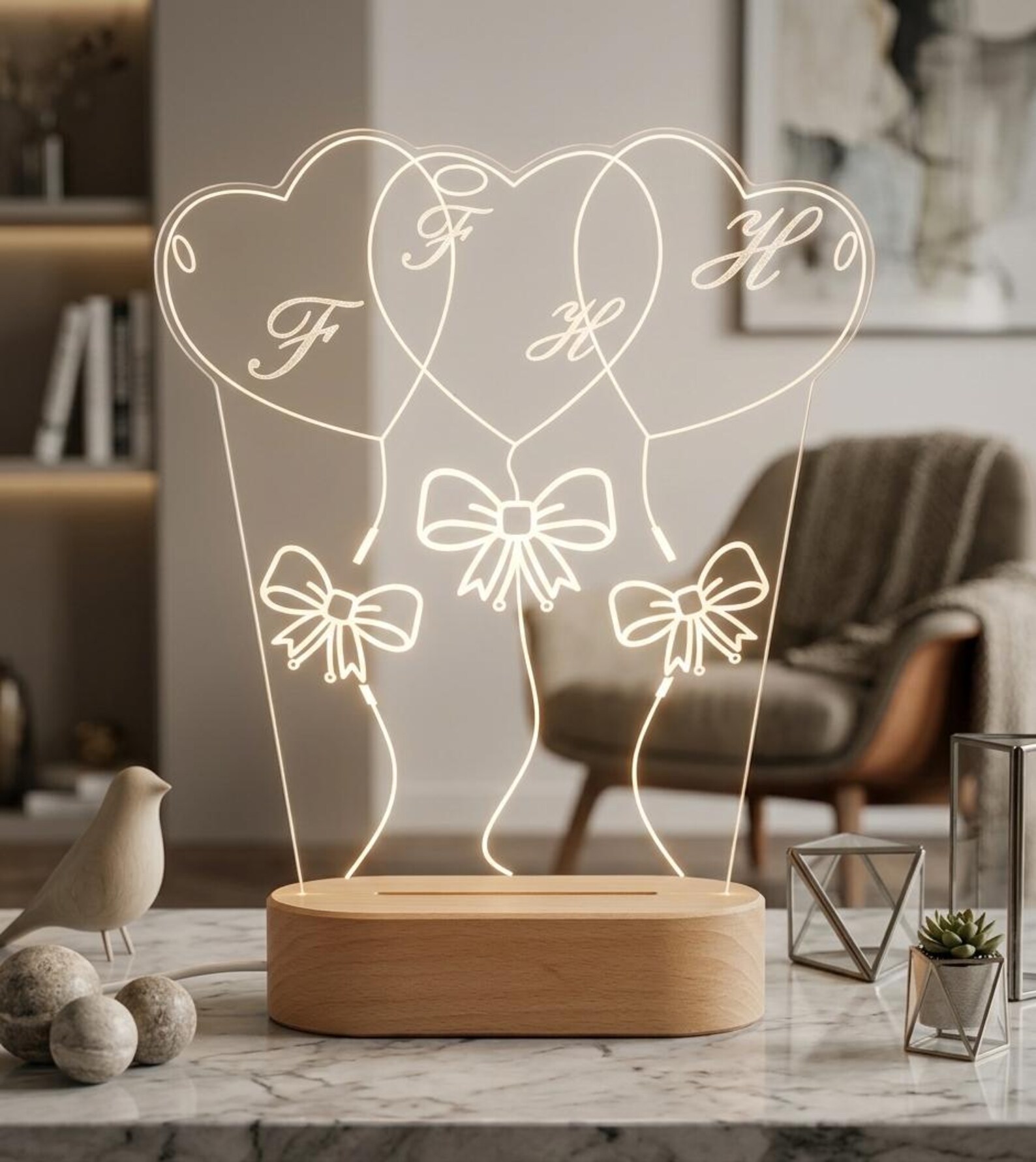 Personalized Heart Balloons LED Night Light, Custom Initials Acrylic ...