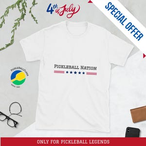 Pickleball Nation USA Flag Shirt for 4th of July | Patriotic Pickleball T-Shirt | White Unisex Tee Gift | Stars and Stripes Court Style