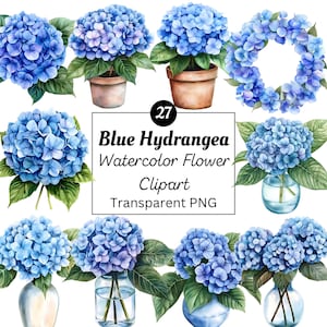 Blue Hydrangea Clipart Bundle PNG, Watercolor Flower Illustrations, Floral Bouquet Clipart, Wedding Sublimation, Digital Download