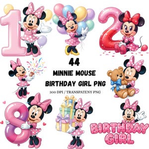 Può includere: Una collezione di grafiche di compleanno a tema Minnie Mouse. Le immagini includono Minnie con palloncini, numeri, regali e un orsacchiotto. Il testo include "44 Minnie Mouse Birthday Girl PNG" e "Birthday Girl". La palette di colori è rosa, bianco e nero.