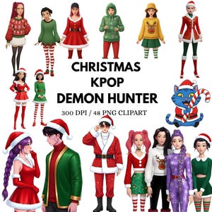 May include: Digital illustration featuring multiple figures in Christmas-themed outfits. The image includes text that reads "CHRISTMAS KPOP DEMON HUNTER" and "300 DPI / 48 PNG CLIPART". The characters are dressed in festive attire, including Santa hats and holiday sweaters.