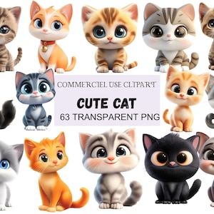Cute Cat Clipart Bundle, 63 Adorable Kitten PNGs, Transparent Background, Digital Download, Commercial Use Pet Graphics