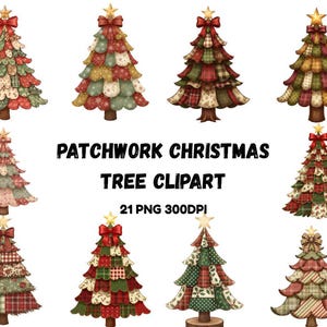 Könnte beinhalten: Neun Patchwork-Weihnachtsbaum-Cliparts. Die Bäume zeigen verschiedene Muster in Rot, Grün und Beige, mit goldenen Stern-Toppern und roten Schleifen. Der Text "PATCHWORK CHRISTMAS TREE CLIPART" ist zu sehen.