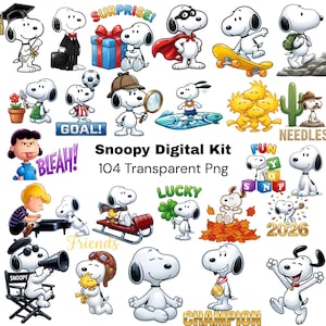 Może przedstawiać: Cyfrowy zestaw z Snoopy'm w różnych pozach i czynnościach. Snoopy jest przedstawiony z czapką absolwenta, teczką, prezentem, peleryną superbohatera, jeżdżącym na deskorolce i nie tylko. Zestaw zawiera tekst "Snoopy Digital Kit 104 Transparent Png".