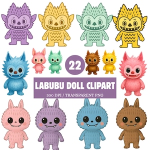 Labubu Doll Clipart Bundle | 22 Cute PNG Files | Kawaii Monster Graphics | 300 DPI  | Digital Download for Sublimation, Stickers, Crafts