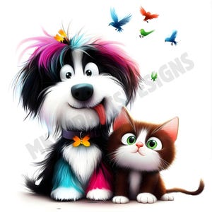 Quirky Dog and Cat Clipart, Cute Whimsical Pets, Printable Watercolor Art, 300 DPI JPGs, High-Quality Pet Images, Instant Download