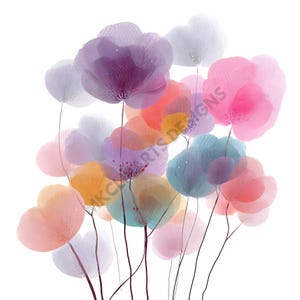 May include: Watercolor illustration of a bouquet of flowers in shades of purple, pink, orange, yellow, and blue. The flowers have delicate, translucent petals and thin, dark stems against a white background. The image has a soft, airy feel.