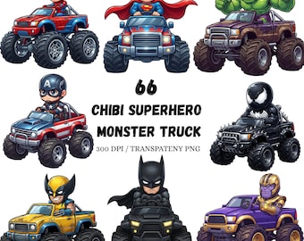 Chibi Superhero Monster Truck Clipart Bundle, 66 PNG Files (Digital Download)