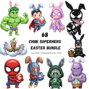 May include: A digital illustration of chibi superheroes with bunny ears, holding Easter eggs or baskets. Characters include Hulk, Superman, Spider-Man, and Batman. The image includes the text "68 CHIBI SUPERHERO EASTER BUNDLE".
