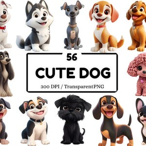 56 Cute Dog Clipart PNG Bundle, Adorable Puppy Illustrations, Cartoon Dog Breeds, Digital Download for Crafts, Scrapbooking, 300 DPI