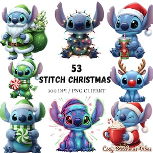 May include: A collection of nine digital illustrations featuring the character Stitch from Lilo & Stitch in various Christmas-themed outfits. The images include Stitch dressed as Santa Claus, with Christmas lights, and holding holiday treats. Text reads "53 STITCH CHRISTMAS 300 DPI / PNG CLIPART".