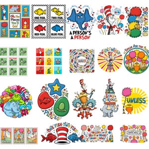 May include: A collection of colorful Dr. Seuss-themed stickers and illustrations. Designs include characters, quotes, and imagery from various books, such as "One Fish, Two Fish, Red Fish, Blue Fish" and "Oh, the Places You'll Go!"