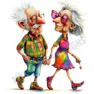 Quirky Elderly Couple Clipart, Cute Old People Illustrations, Printable Watercolor Art, 300 DPI JPGs, High-Quality Images, Instant Download