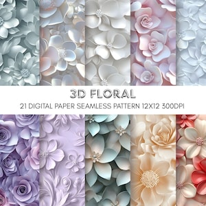 3D FLORAL Digital Paper Pack - 21 JPG Digital Paper - Seamless Patterns - 3D Flower - Digital Paper Pastel Tones - Commercial Use