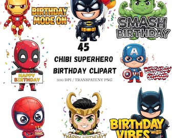 Chibi Superhero Birthday PNG Clipart Bundle (Digital Download)