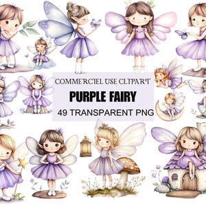Magical Purple Fairy Clipart Bundle | Cute Fantasy Fairy Houses Girls | Woodland Fairytale Forest PNG for Birthday & Crafts Commercial Use