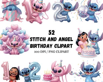 Paquete de imágenes prediseñadas de Stitch y Angel para cumpleaños, PNG de fiesta de Lilo, diseños de pasteles con globos y cupcakes
