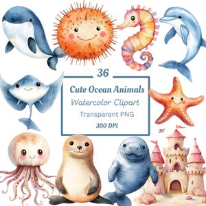 Cute Ocean Animals Clipart PNG Bundle, Sea Creatures, Beach Nautical Underwater Illustrations, Watercolor Marine Life Digital Download