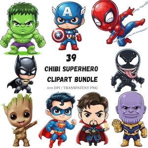 Może przedstawiać: Kolekcja dziewięciu obrazów clipart z superbohaterami chibi. Postacie to Hulk, Kapitan Ameryka, Spider-Man, Batman, Venom, Groot, Superman, Doctor Strange i Thanos. Obecny jest również tekst "39 CHIBI SUPERHERO CLIPART BUNDLE".