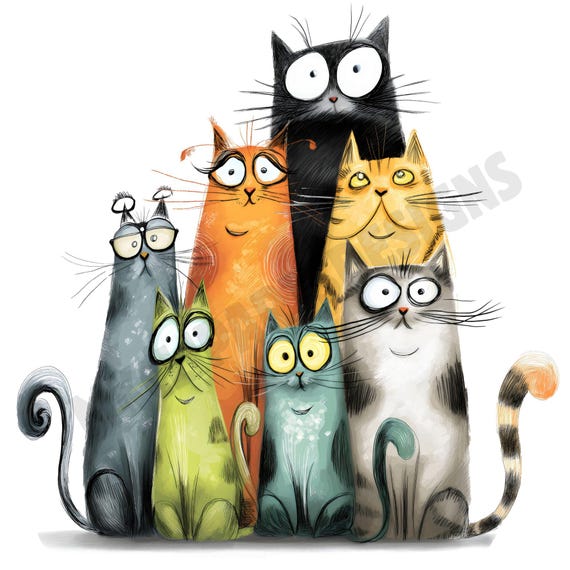 Funny Cartoon Cat Clipart Bundle: Whimsical PNG Illustrations (Digital Download)