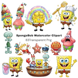 May include: A collection of colorful SpongeBob SquarePants watercolor clipart. The image includes various characters like SpongeBob, Patrick, Squidward, and Mr. Krabs, along with themed elements such as ice cream cones, a rainbow, and the Krusty Krab logo.