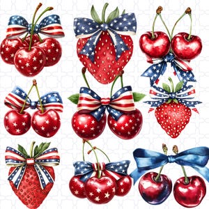 Clipart aquarelle de fruits du 4 juillet | Cerises et fraises patriotiques PNG | Lot de sublimation rouge blanc bleu baies d'été
