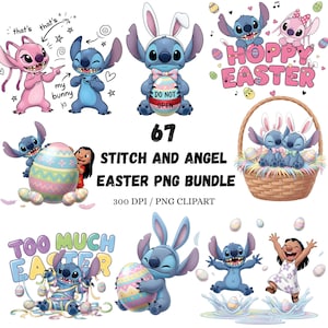 May include: A digital PNG bundle featuring Stitch and Angel characters with Easter themes. The images include Stitch and Angel dressed as bunnies, holding Easter eggs, and the text "Hoppy Easter" and "Too Much Easter".