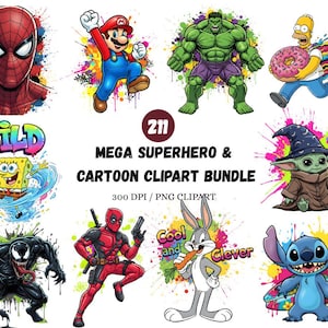 Mega Superhero and Cartoon Clipart Bundle, Splatter Art PNG Designs, Chibi Heroes Sublimation, Kids Birthday Stickers, DTF Shirt Designs
