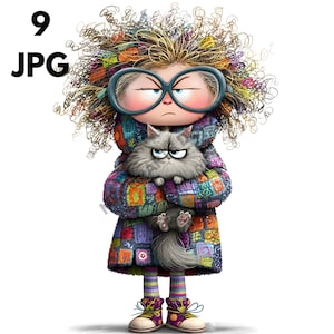 May include: A cartoon illustration of a grumpy person with curly hair wearing large glasses and a colorful patchwork coat, holding a gray cat with a matching expression. The image includes the text "9 JPG" in the upper left corner.