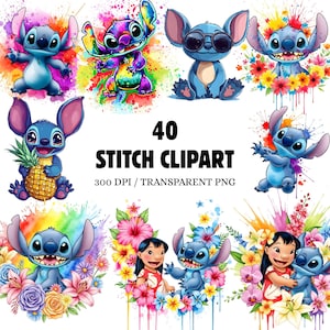 40 Stitch PNG Clipart, Lilo & Stitch, Floral Stitch PNG, High-Quality 300 DPI Sublimation, Wall Art Print, T-Shirt Design, Digital Download