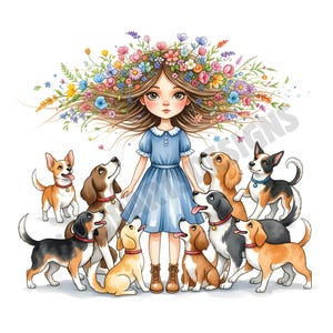 15 Whimsical Girl with Floral Hair Clipart, Fantasy Ephemera, Watercolor JPGs, Instant Download, Cute Animal Companions, Junk Journal Craft