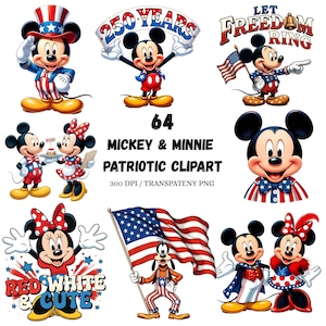 May include: A collection of patriotic Mickey and Minnie Mouse clipart images. Mickey is featured in various poses with American flags and patriotic attire. Minnie is also shown in patriotic outfits. Text includes "250 Years", "Let Freedom Ring", and "Red White & Cute".