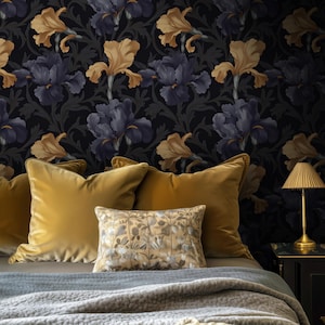 Dark Botanical Wallpaper | Purple & Yellow Lush Garden Blooms | Peel and Stick Moody Floral Accent