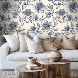 Indigo Floral Wallpaper, Traditional Smooth Paper, Blue and White Engraved Botanical for Classic Farmhouse Kitchen Decor