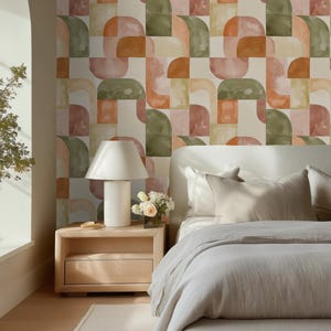 Earthy Geometric Wallpaper, Abstract Watercolor Shapes Design, Peel and Stick, Terracotta Olive Green, Boho Chic Home Decor