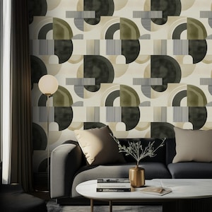 Abstract Geometric Shapes Wallpaper, Peel and Stick Vinyl, Beige Khaki Black Modern Design for Minimalist Living Room Accent