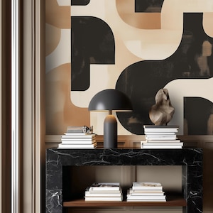 Vintage Abstract Geometric Wallpaper, Peel and Stick Smooth Paper, Black Beige Curved Shapes for Modern Entryway Decor