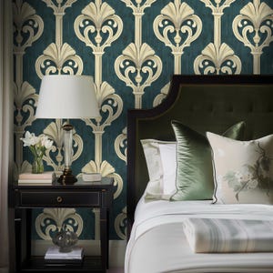 Teal Victorian Damask Wallpaper | Vintage Cream Scroll Pattern for Elegant Living Room | Luxury Matte Finish, Ornate Wall Accent