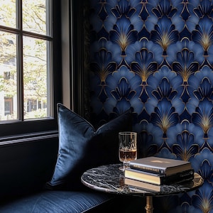 Art Deco Azure Fan Wallpaper | Luxurious Gatsby Inspired Design for Dining Room | Textured Vinyl Statement Wall