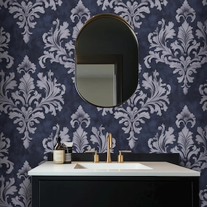Formal Damask Wallpaper in Navy and Silver, Traditional Smooth Paper, Stately Italian Style for Classic Dining Room