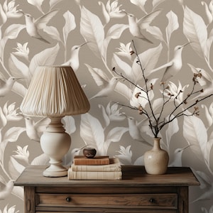 Hummingbird Wallpaper, Prepasted Smooth Paper, Taupe Botanical Illustration, Elegant Tropical Bird and Leaf Wall Mural Art