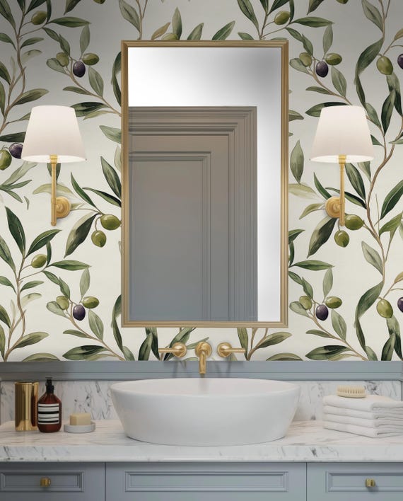 Olive Branch Silhouette Wallpaper | Chic Mediterranean Accent for Kitchen & Dining | Durable Vinyl, Washable Surface