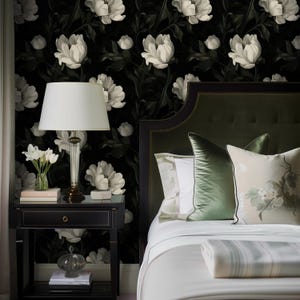 White Peony Wallpaper, Traditional Fine Art Textured Paper, Dark Floral on Black, Moody Romantic Gothic Bedroom Wall Decor