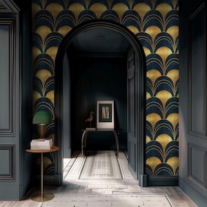 Luxury Gold Fan on Deep Blue Wallpaper | Opulent Art Deco Style for an Elegant Dining Room | Premium Matte Paper, Rich Gold Tones