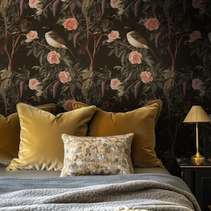 Ornate Venetian Bird & Floral Wallpaper | Gold Accent Garden Scene | Prepasted Textured Living Room