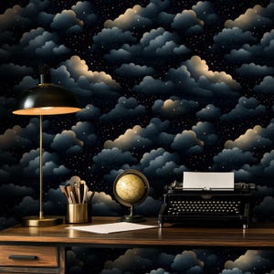 Dreamy Night Clouds Wallpaper, Peel and Stick Fabric Texture, Cozy Starry Sky for Kids Bedroom or Nursery Ceiling Decor