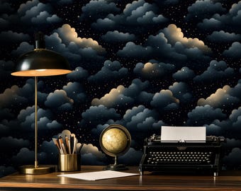 May include: A dark wooden desk with a black lamp, a globe, a typewriter, and a brass pencil holder. The background is a wallpaper with a night sky design with clouds and stars.