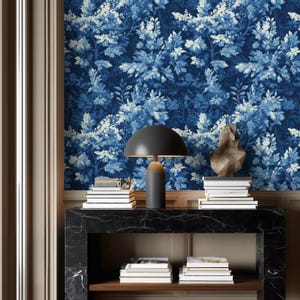 Blue Chintz Floral Wallpaper, Traditional Fabric Texture, Vintage Botanical Print, Elegant Bedroom or Dining Room Accent Decor