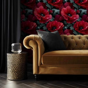 Red Poppy Wallpaper, Prepasted Smooth Paper, Dark Floral Botanical Art on Black, Bold Dramatic Statement Wall Decor