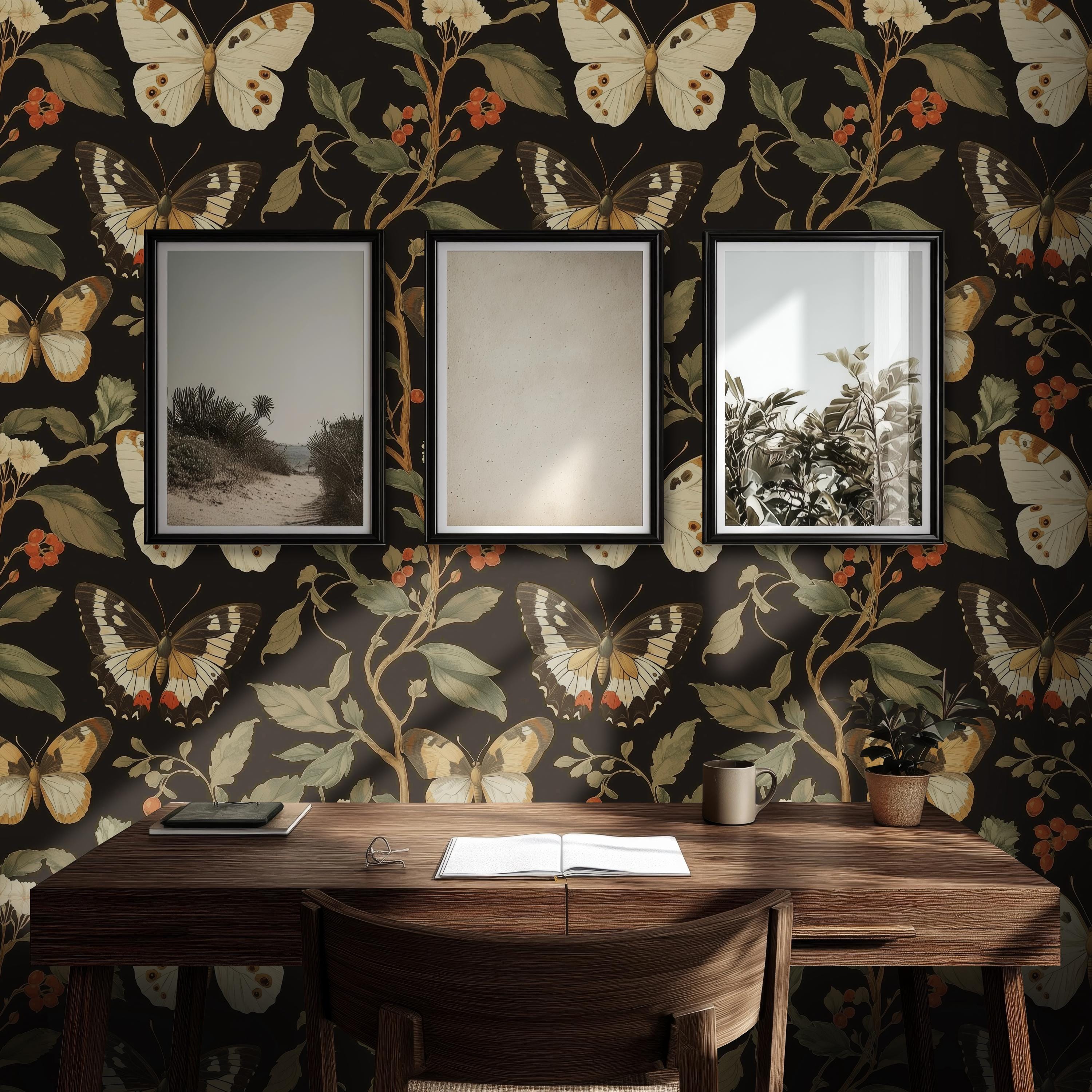 Vintage Butterfly Botanical Wallpaper: Dark English Garden Prepasted ...